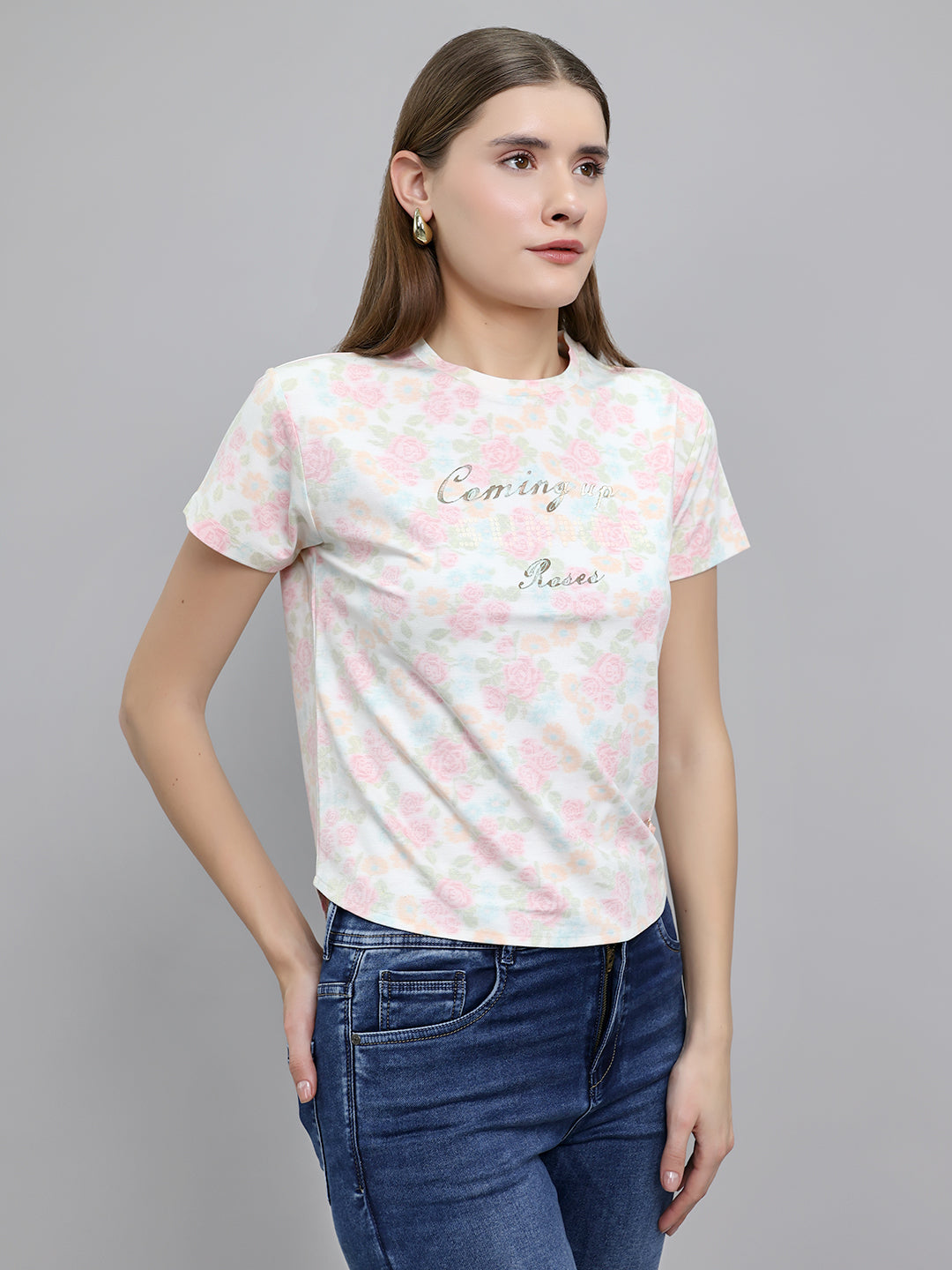 Women Multicolor Floral Print Round Neck Half Sleeve Top