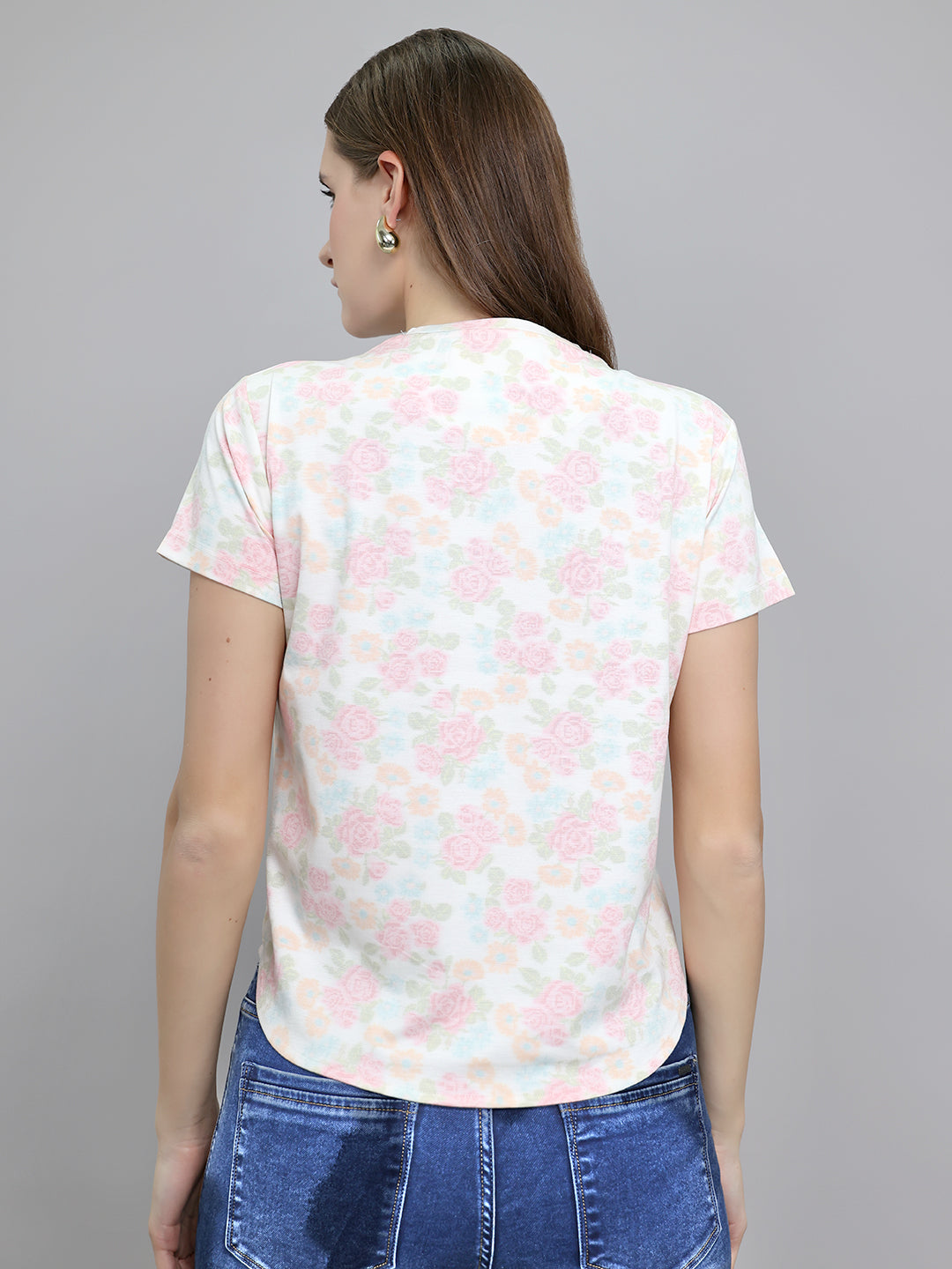 Women Multicolor Floral Print Round Neck Half Sleeve Top