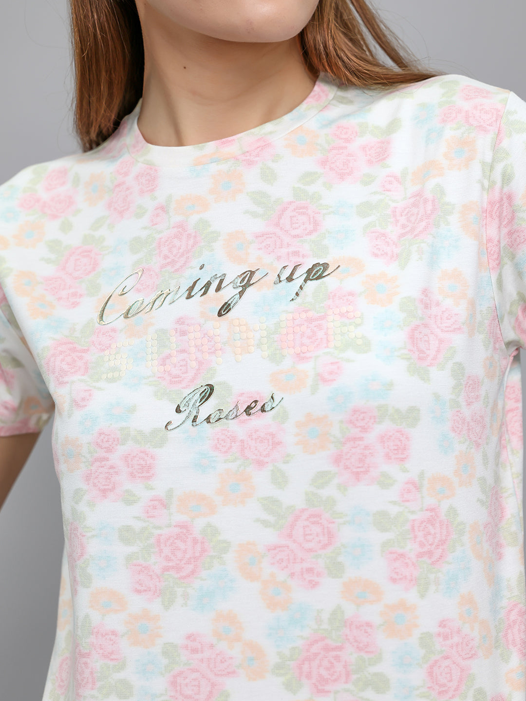 Women Multicolor Floral Print Round Neck Half Sleeve Top
