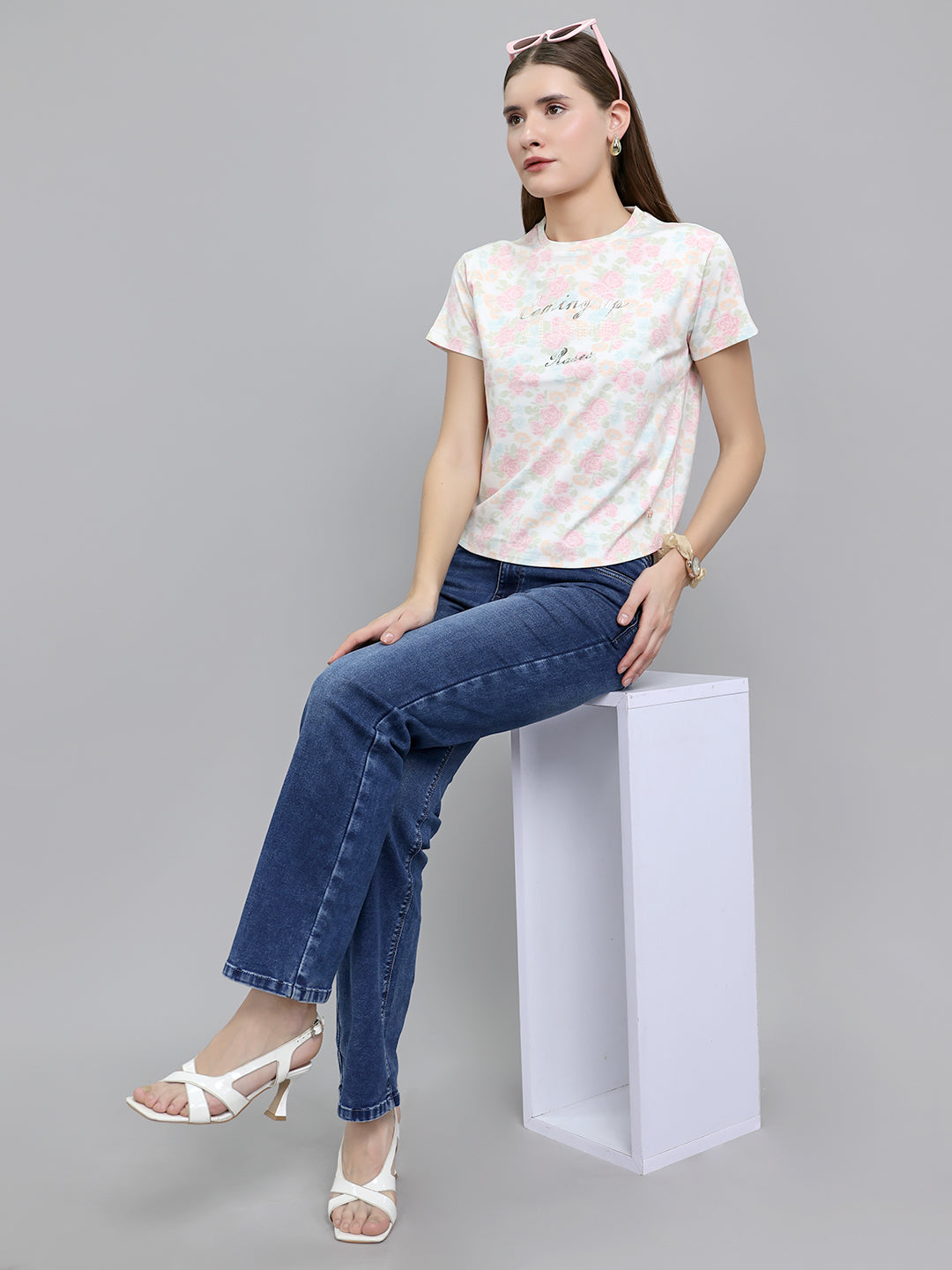 Women Multicolor Floral Print Round Neck Half Sleeve Top