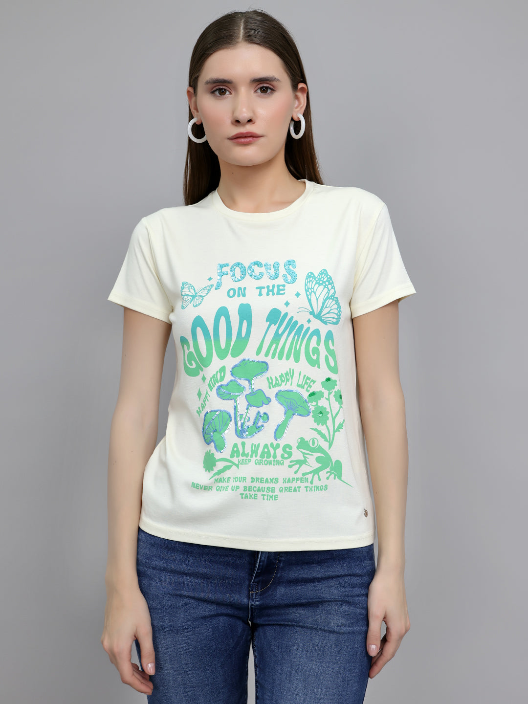 Women Off White Printed Round Neck Half Sleeve Top