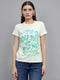 Women Off White Printed Round Neck Half Sleeve Top