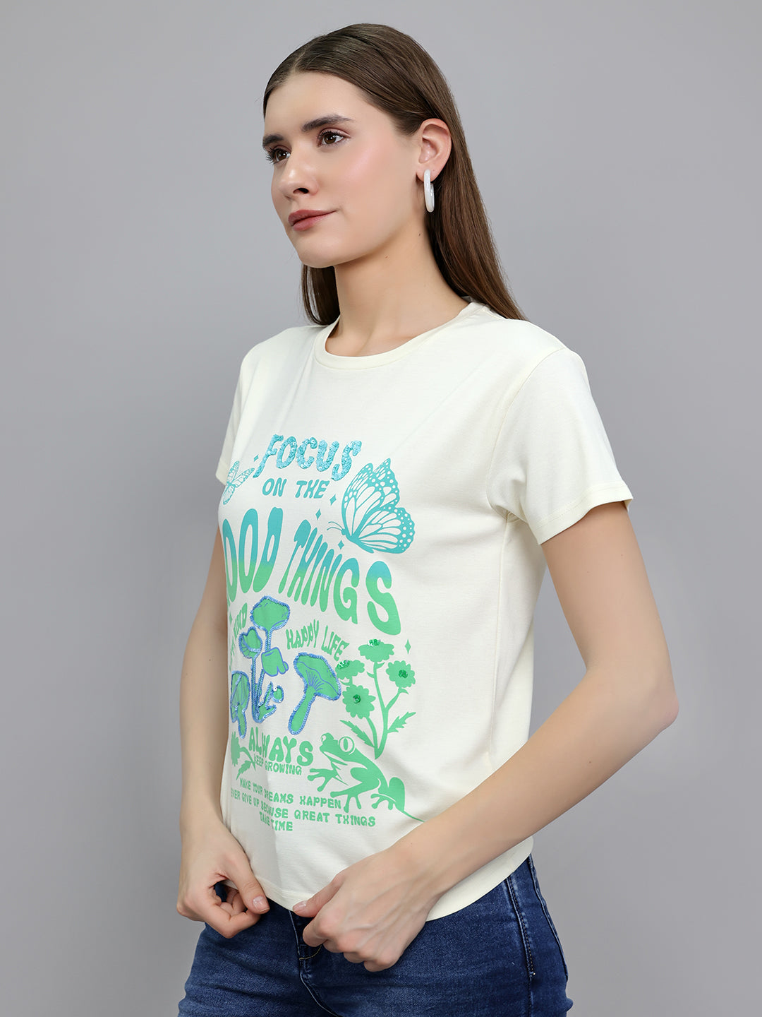 Women Off White Printed Round Neck Half Sleeve Top