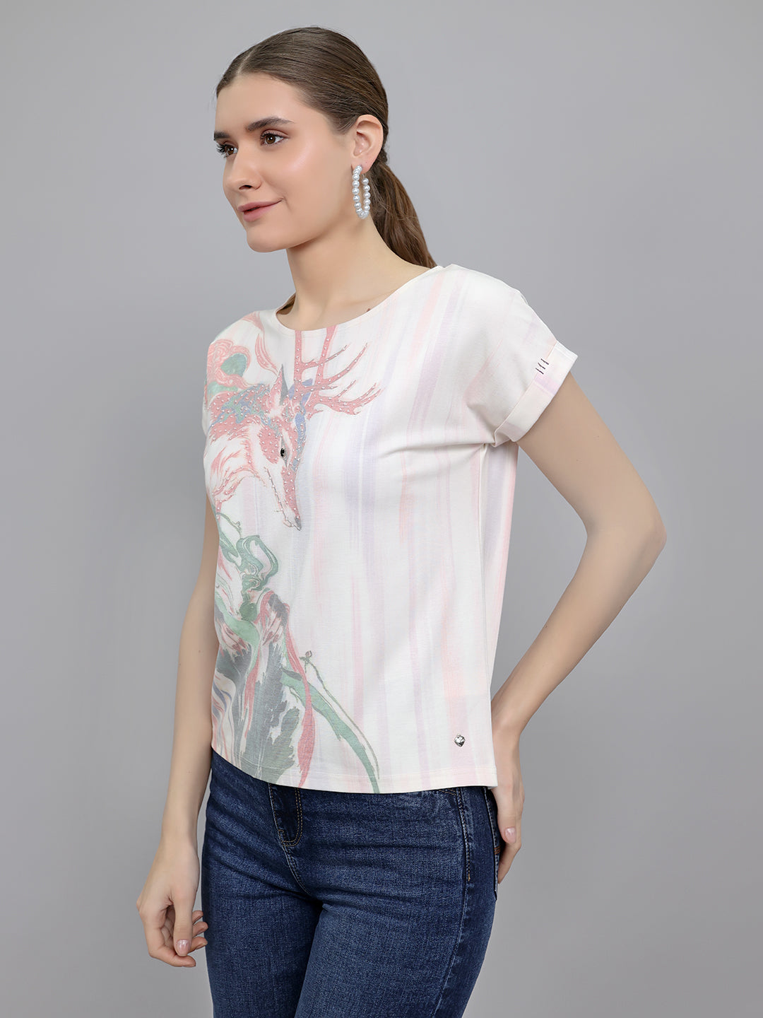 Women Multicolor Printed Round Neck Half Sleeve Top