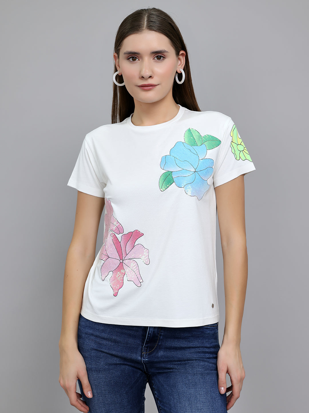 Women Off White Embroidered Round Neck Half Sleeve Top