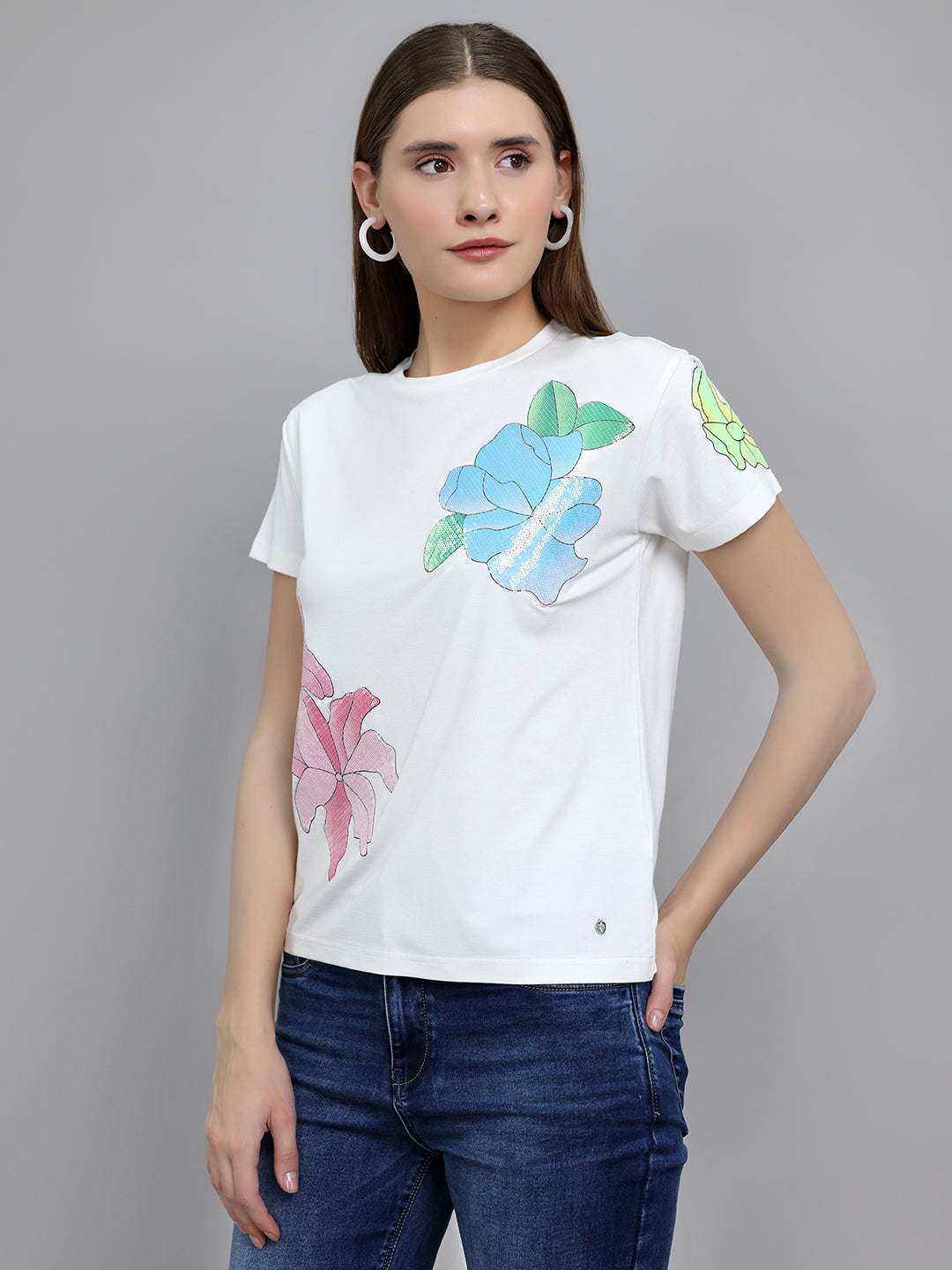Women Off White Embroidered Round Neck Half Sleeve Top