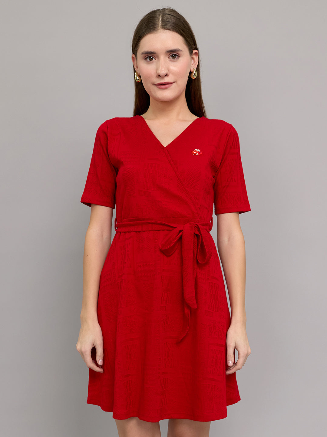 Women Red Jacquard V Neck Half Sleeve Dress