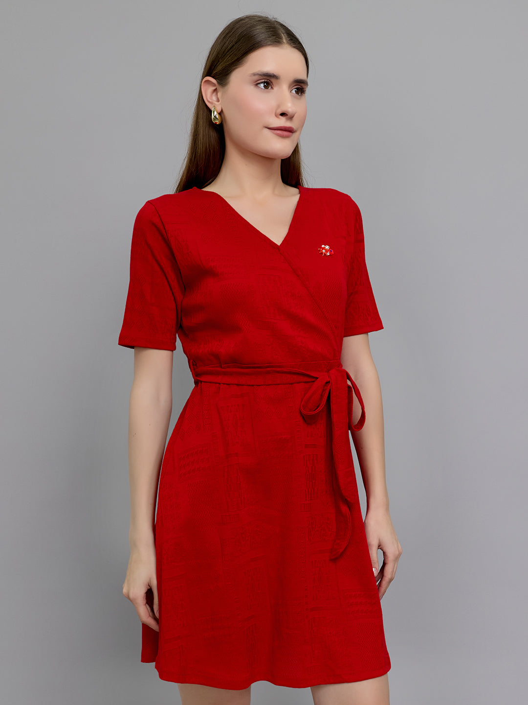 Women Red Jacquard V Neck Half Sleeve Dress