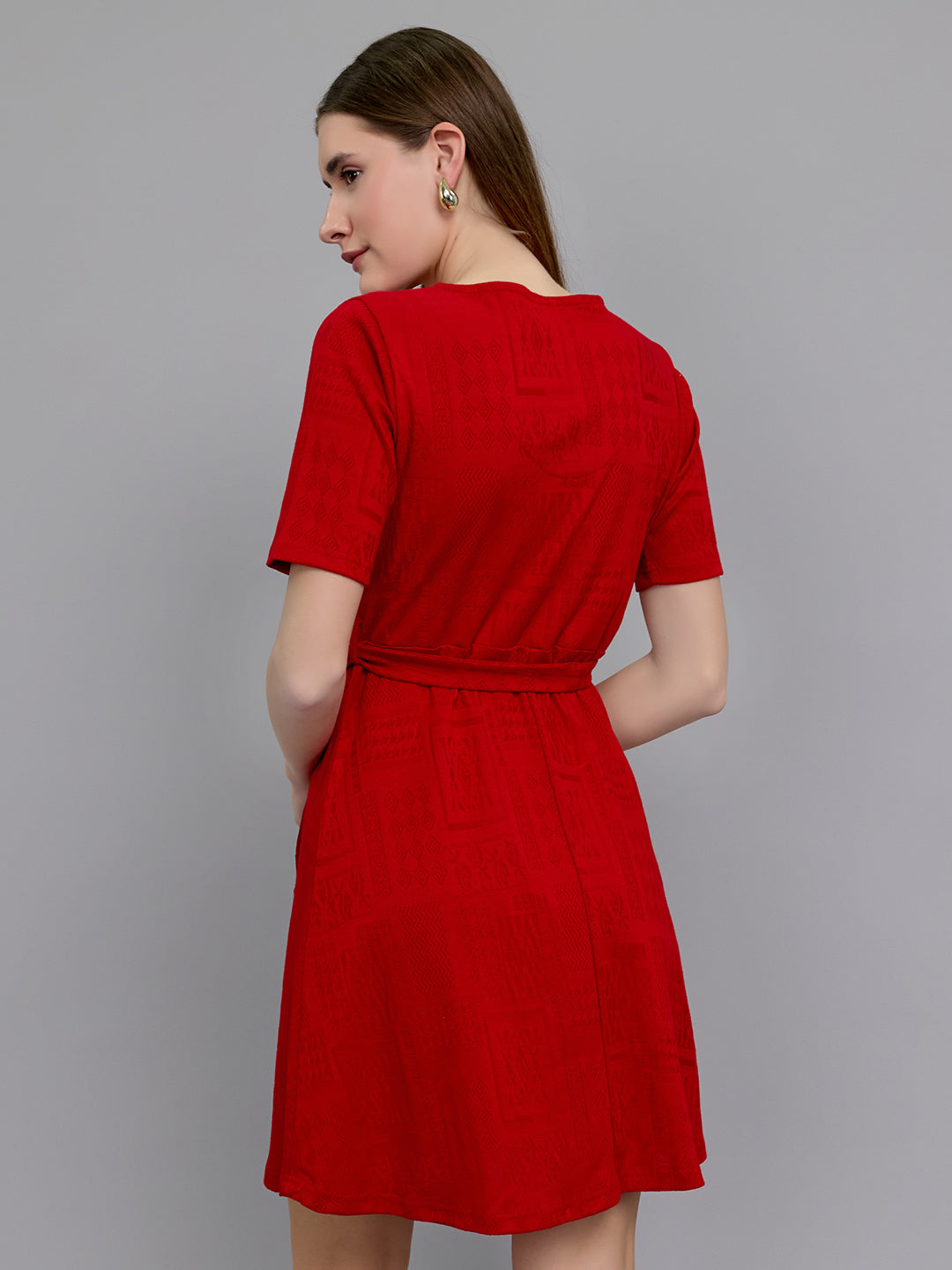 Women Red Jacquard V Neck Half Sleeve Dress