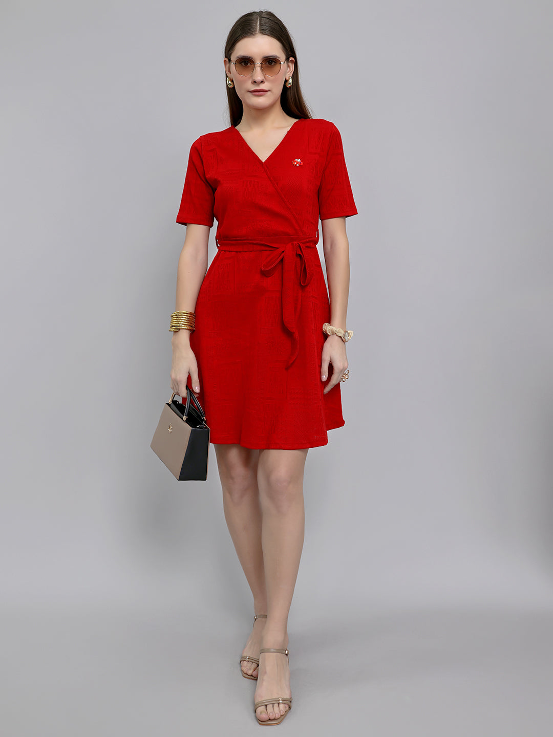 Women Red Jacquard V Neck Half Sleeve Dress