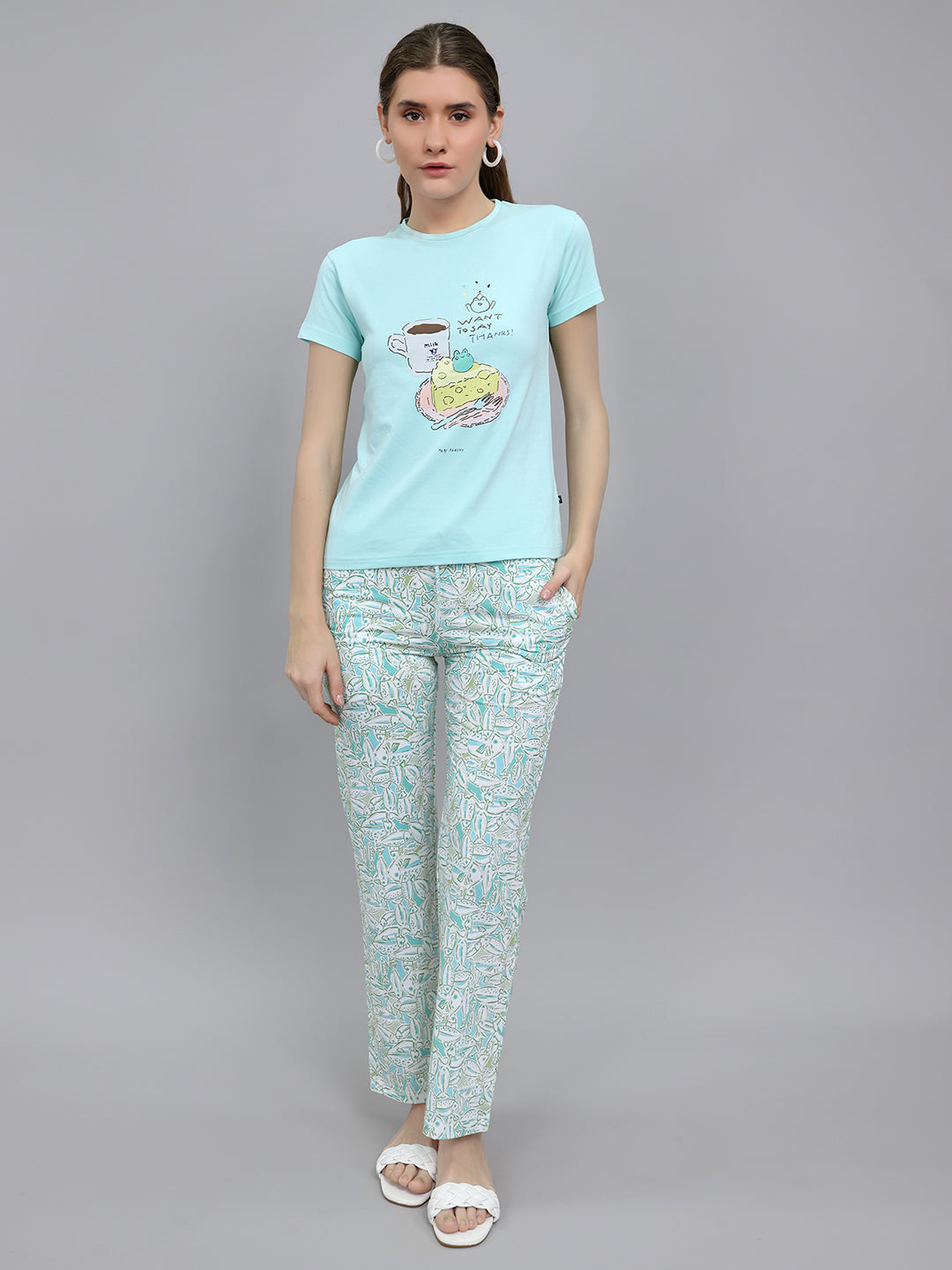 Women Turquoise Blue Printed Round Neck Half Sleeve Lower Set