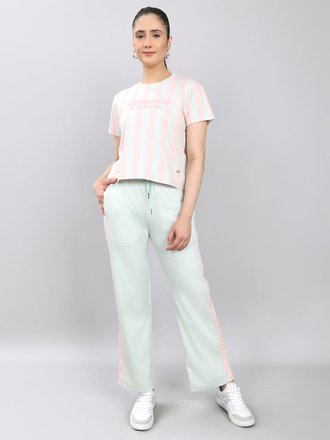 Women Sea Green Printed Round Neck Half Sleeve Lower Set