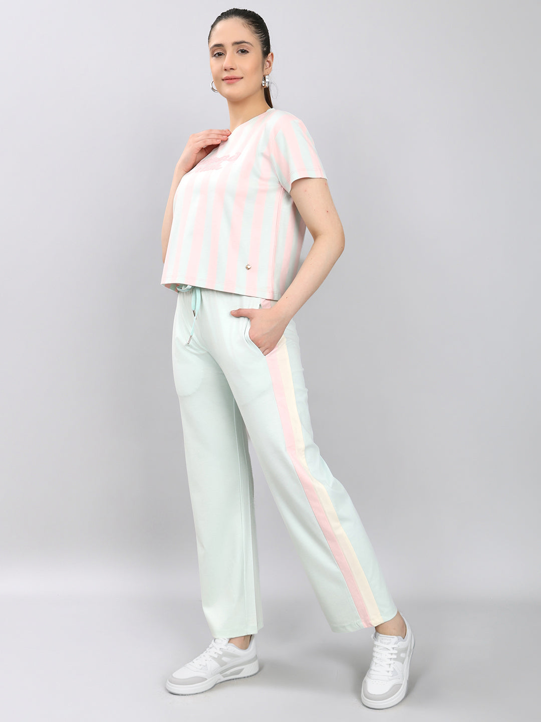 Women Sea Green Printed Round Neck Half Sleeve Lower Set