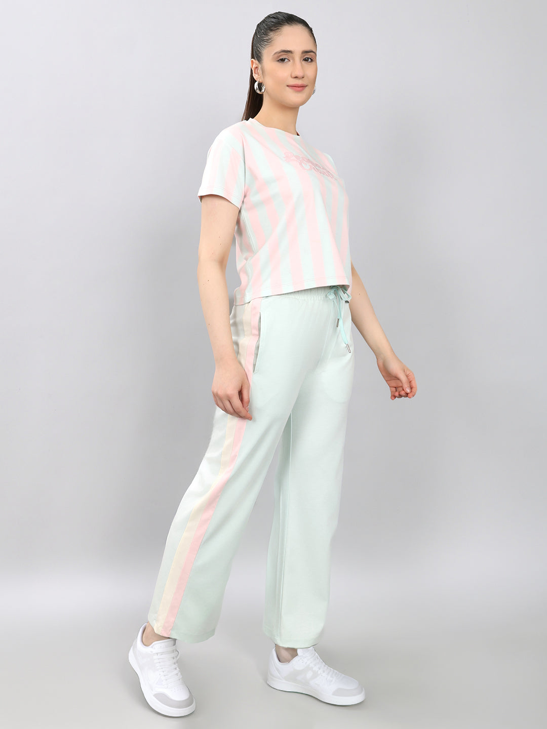 Women Sea Green Printed Round Neck Half Sleeve Lower Set