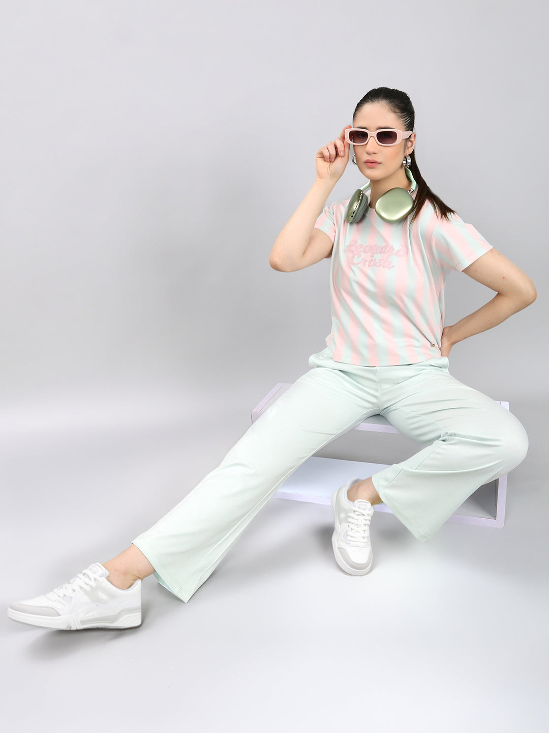 Women Sea Green Printed Round Neck Half Sleeve Lower Set