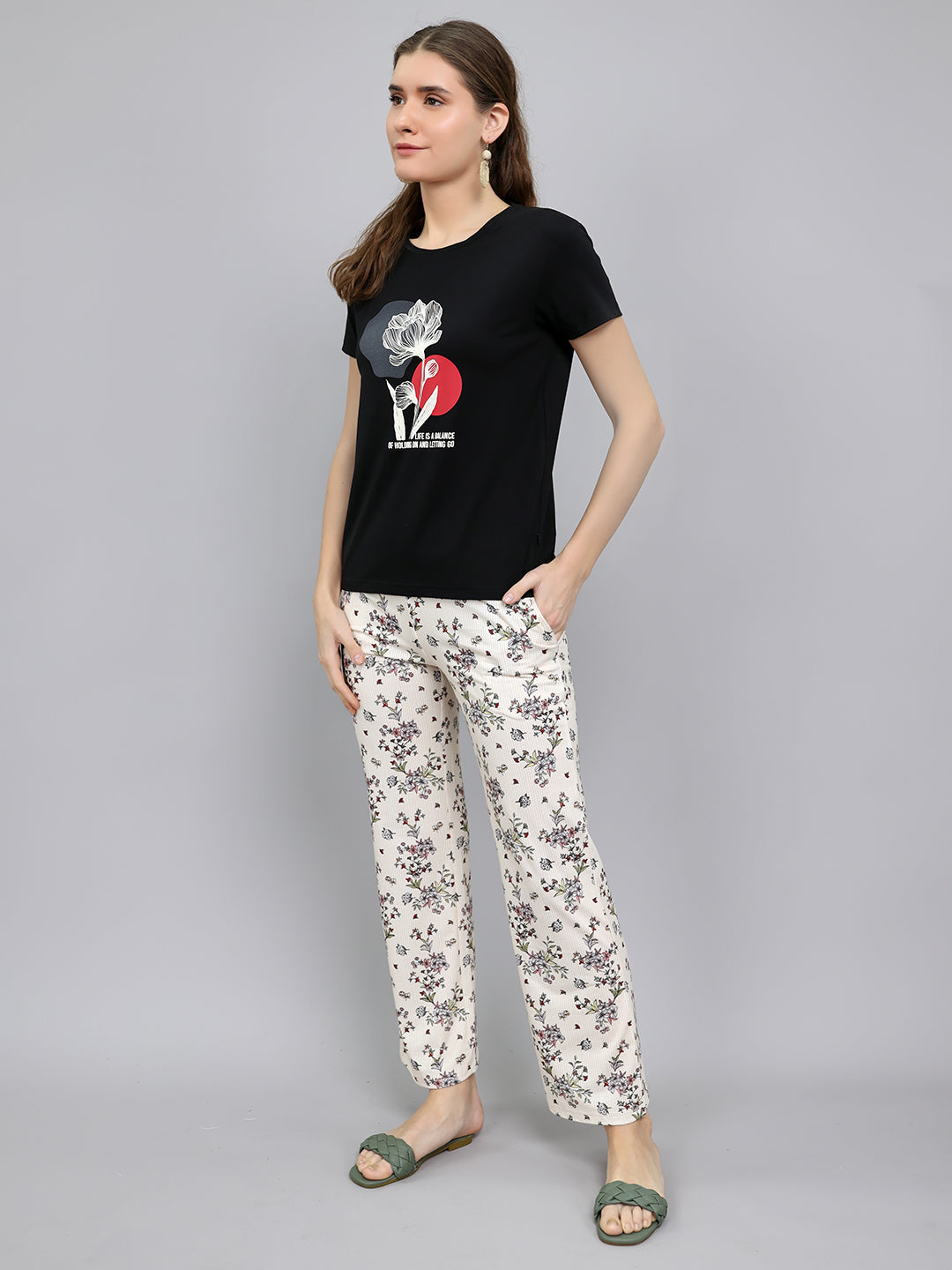 Women Black Printed Round Neck Half Sleeve Lower Set