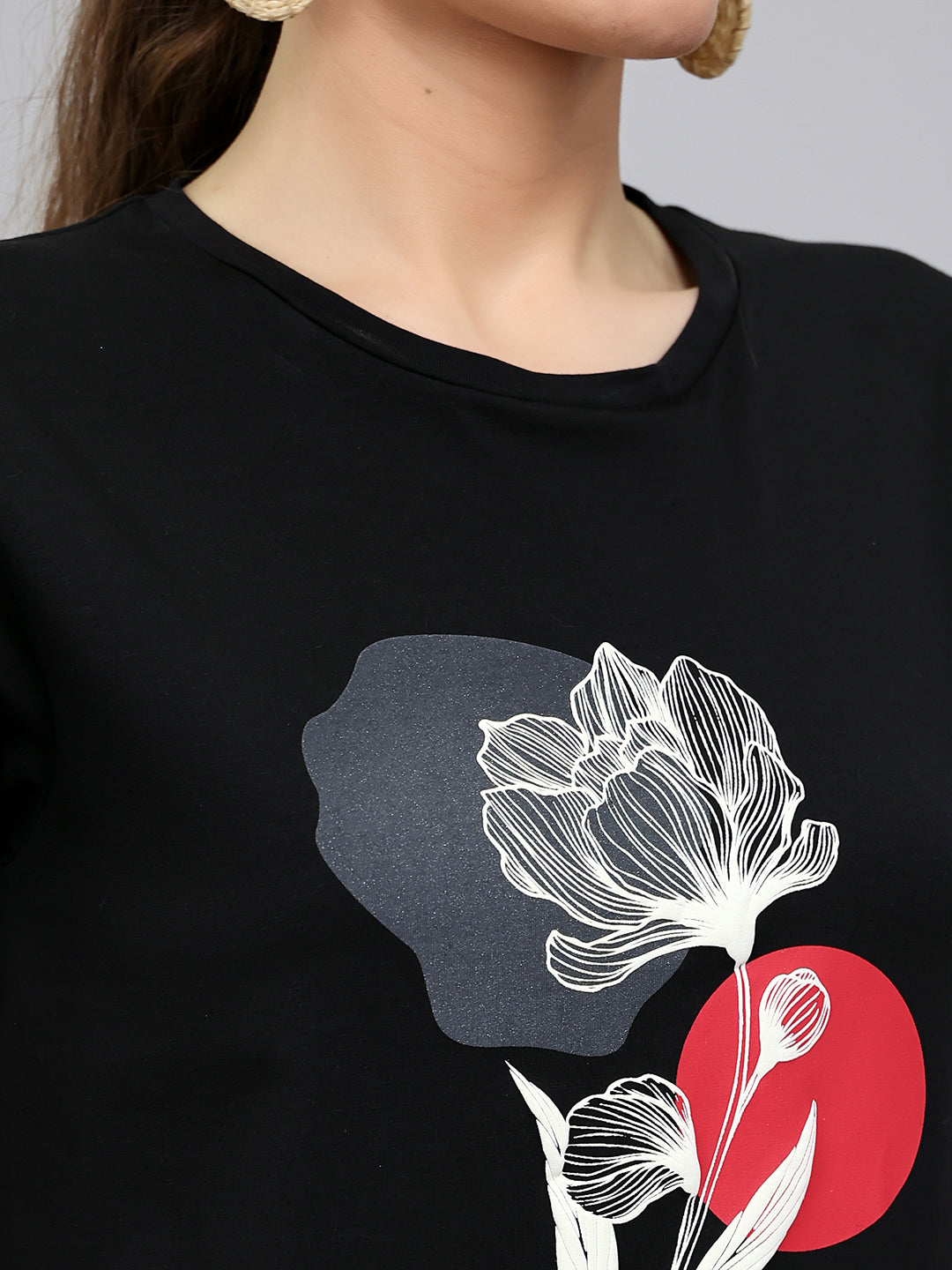 Women Black Printed Round Neck Half Sleeve Lower Set