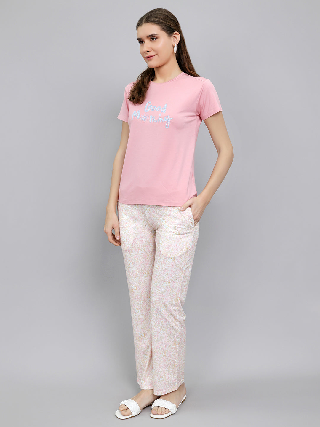 Women Pink Embroidered Round Neck Half Sleeve Lower Set