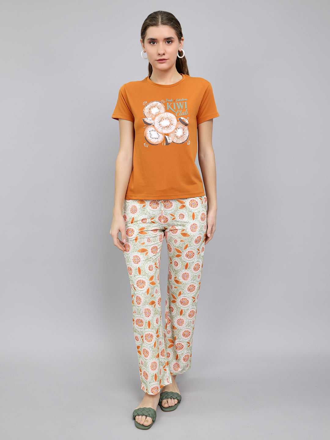 Women Rust Printed Round Neck Half Sleeve Lower Set