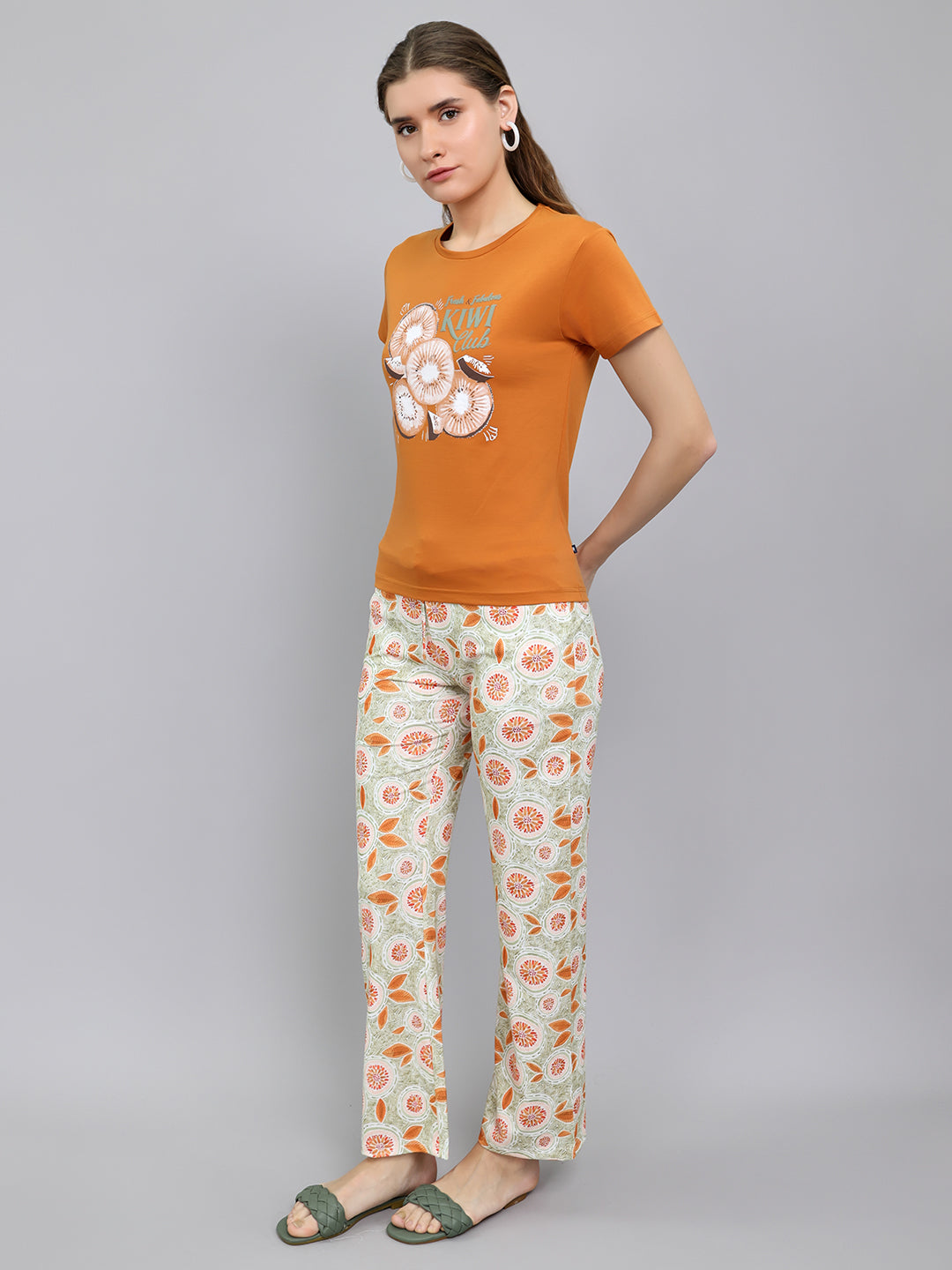 Women Rust Printed Round Neck Half Sleeve Lower Set