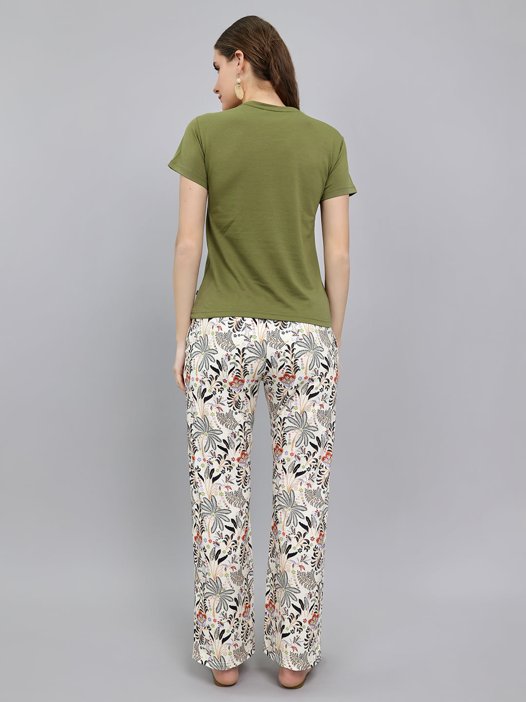 Women Olive Printed Round Neck Half Sleeve Lower Set