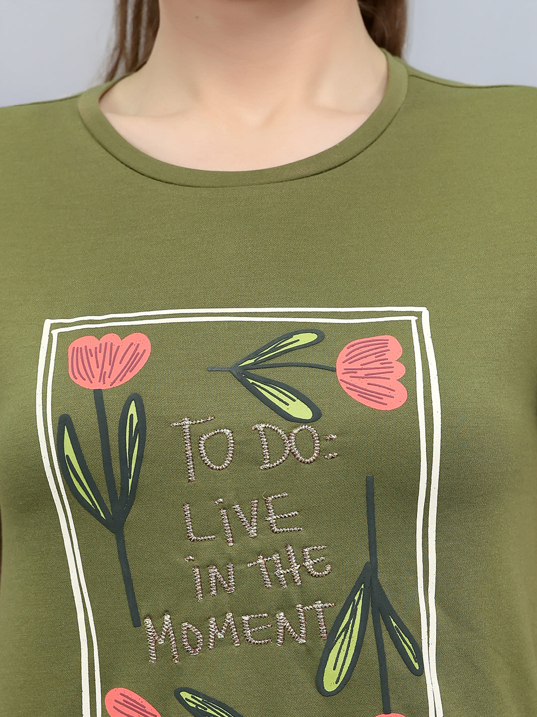Women Olive Printed Round Neck Half Sleeve Lower Set