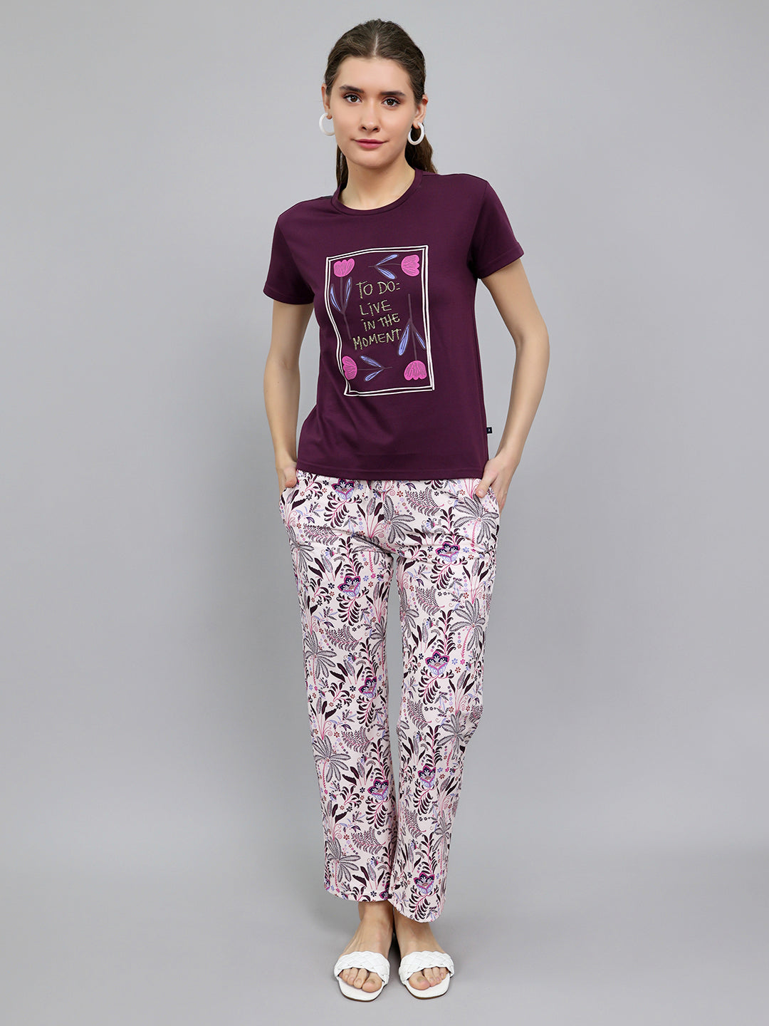 Women Purple Printed Round Neck Half Sleeve Lower Set