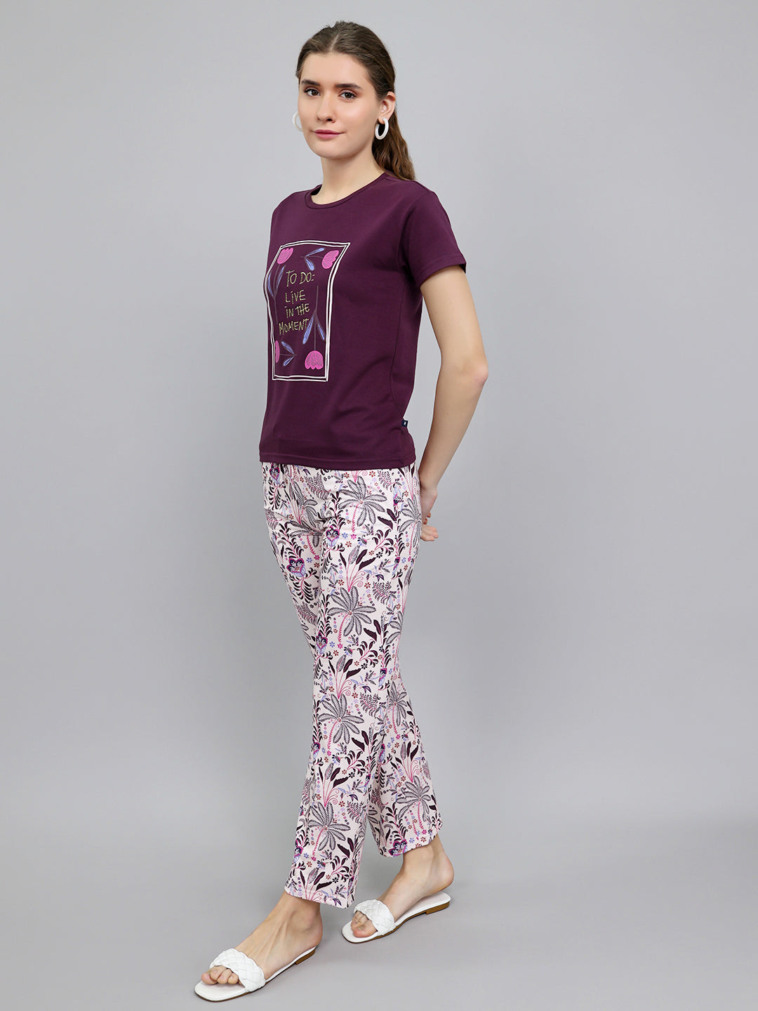 Women Purple Printed Round Neck Half Sleeve Lower Set