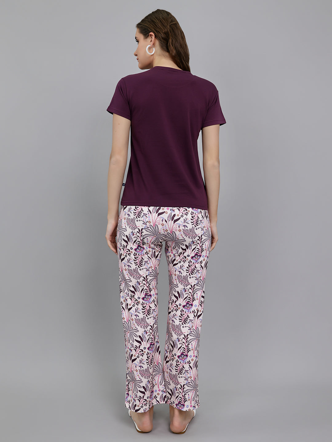 Women Purple Printed Round Neck Half Sleeve Lower Set