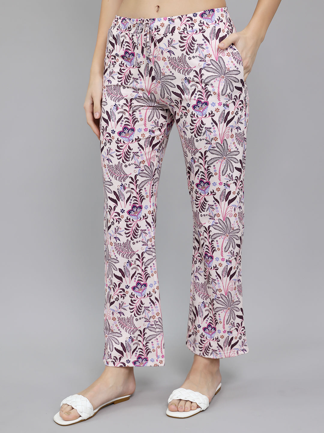 Women Purple Printed Round Neck Half Sleeve Lower Set