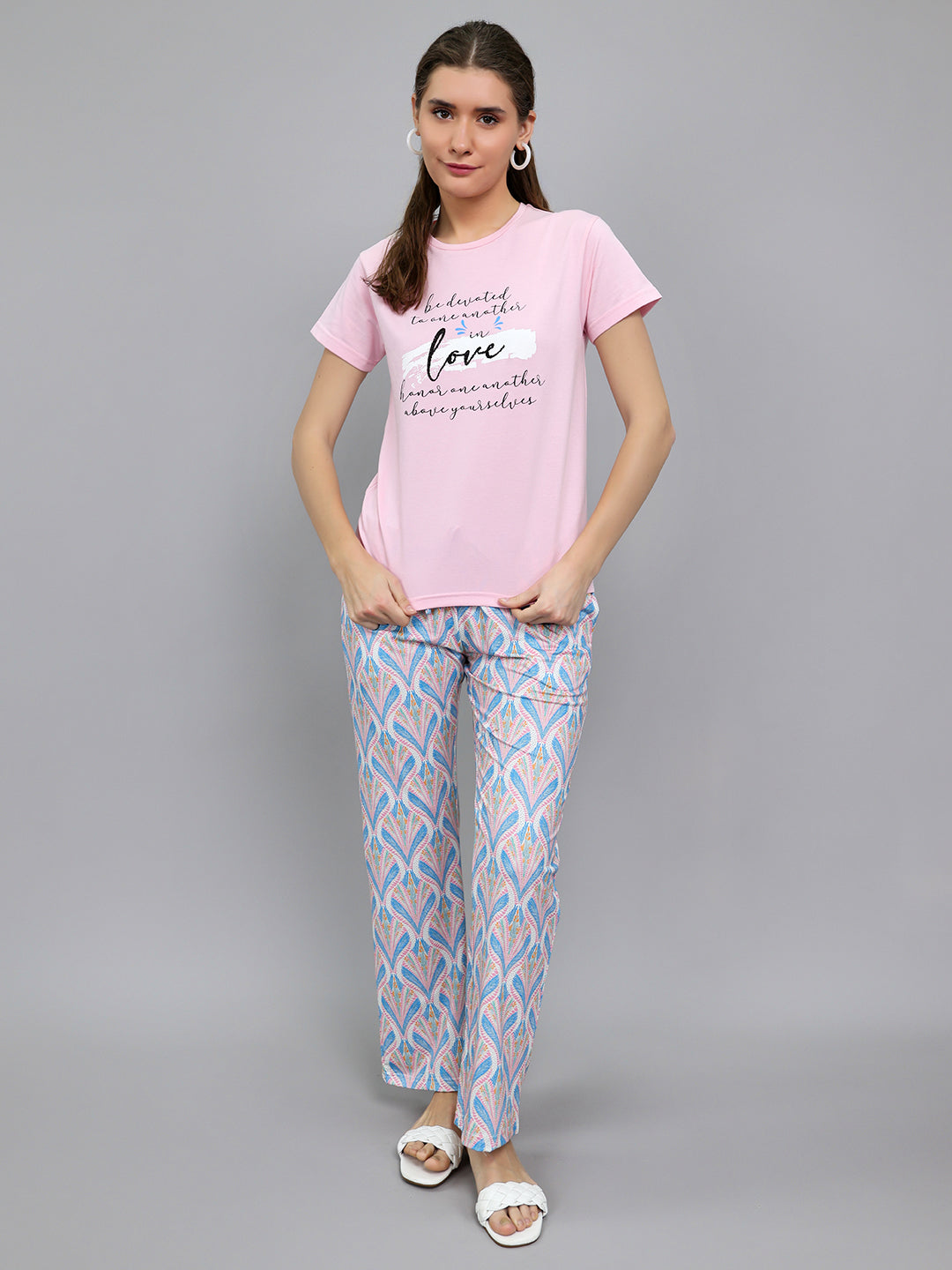 Women Pink Printed Round Neck Half Sleeve Lower Set