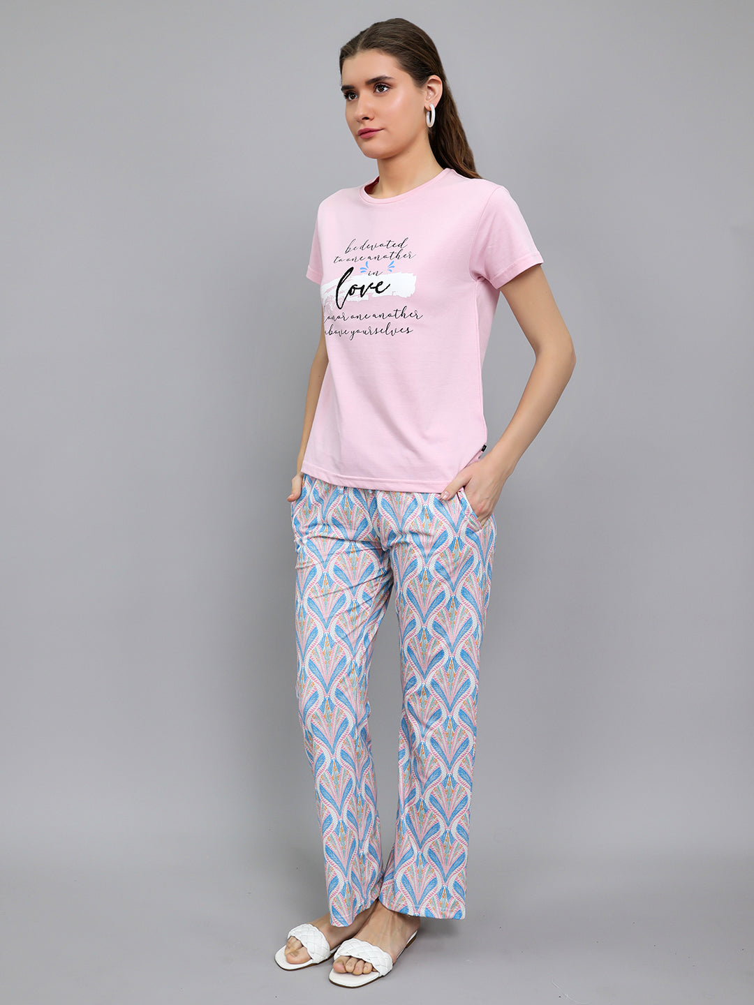 Women Pink Printed Round Neck Half Sleeve Lower Set