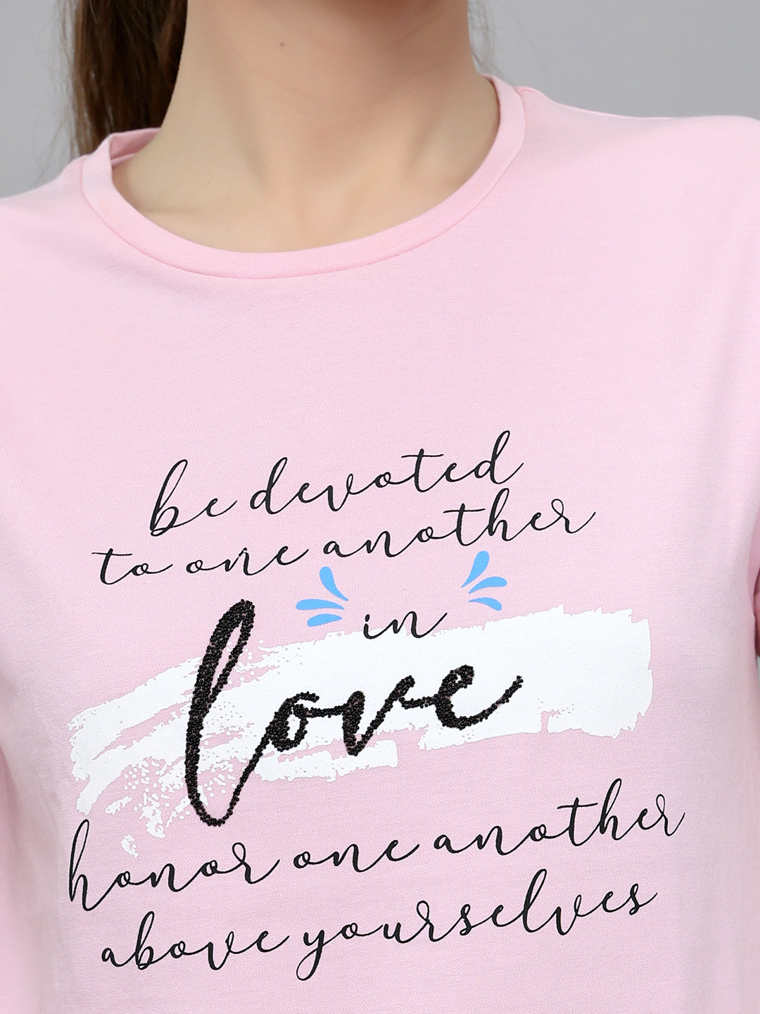 Women Pink Printed Round Neck Half Sleeve Lower Set
