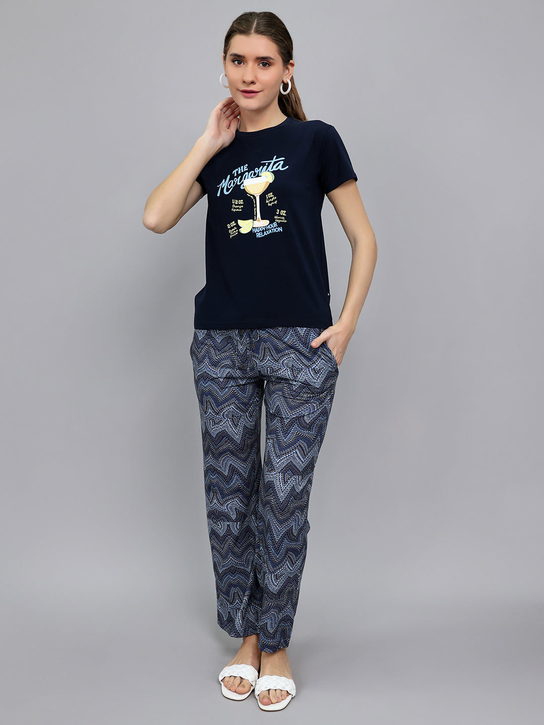 Women Navy Blue Printed Round Neck Half Sleeve Lower Set
