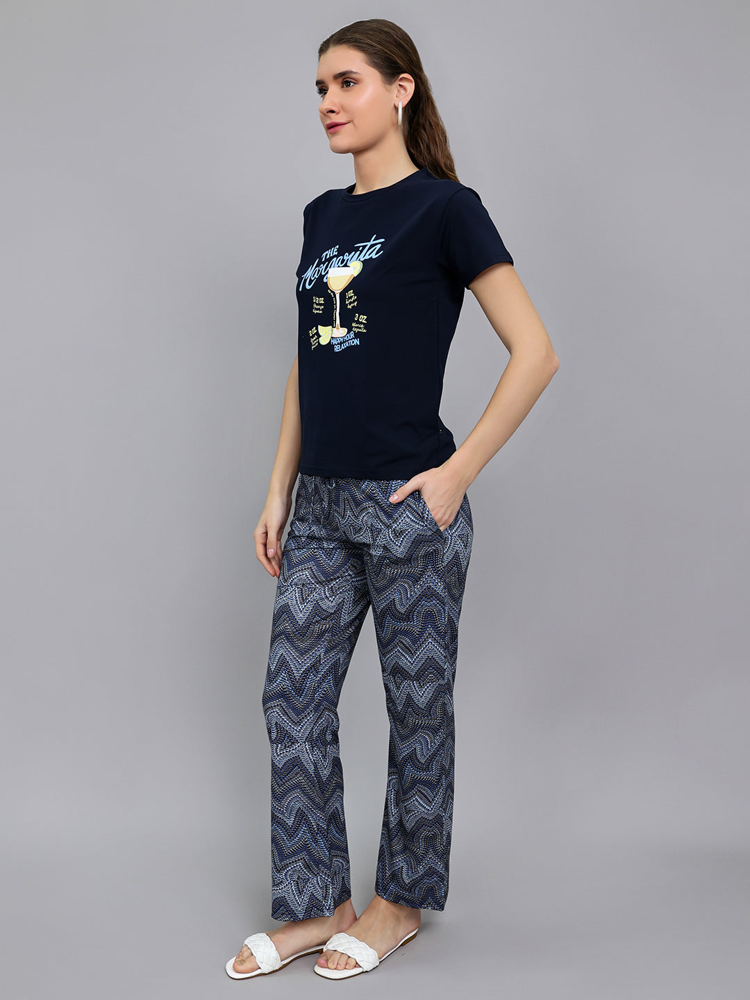 Women Navy Blue Printed Round Neck Half Sleeve Lower Set