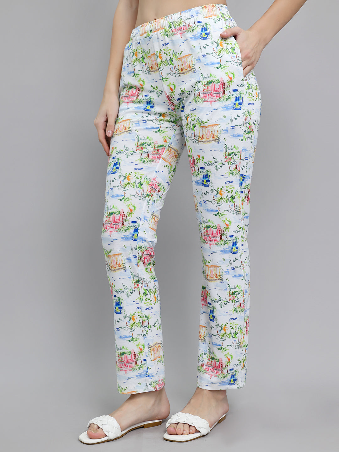 Women Sky Blue Printed Round Neck Half Sleeve Lower Set