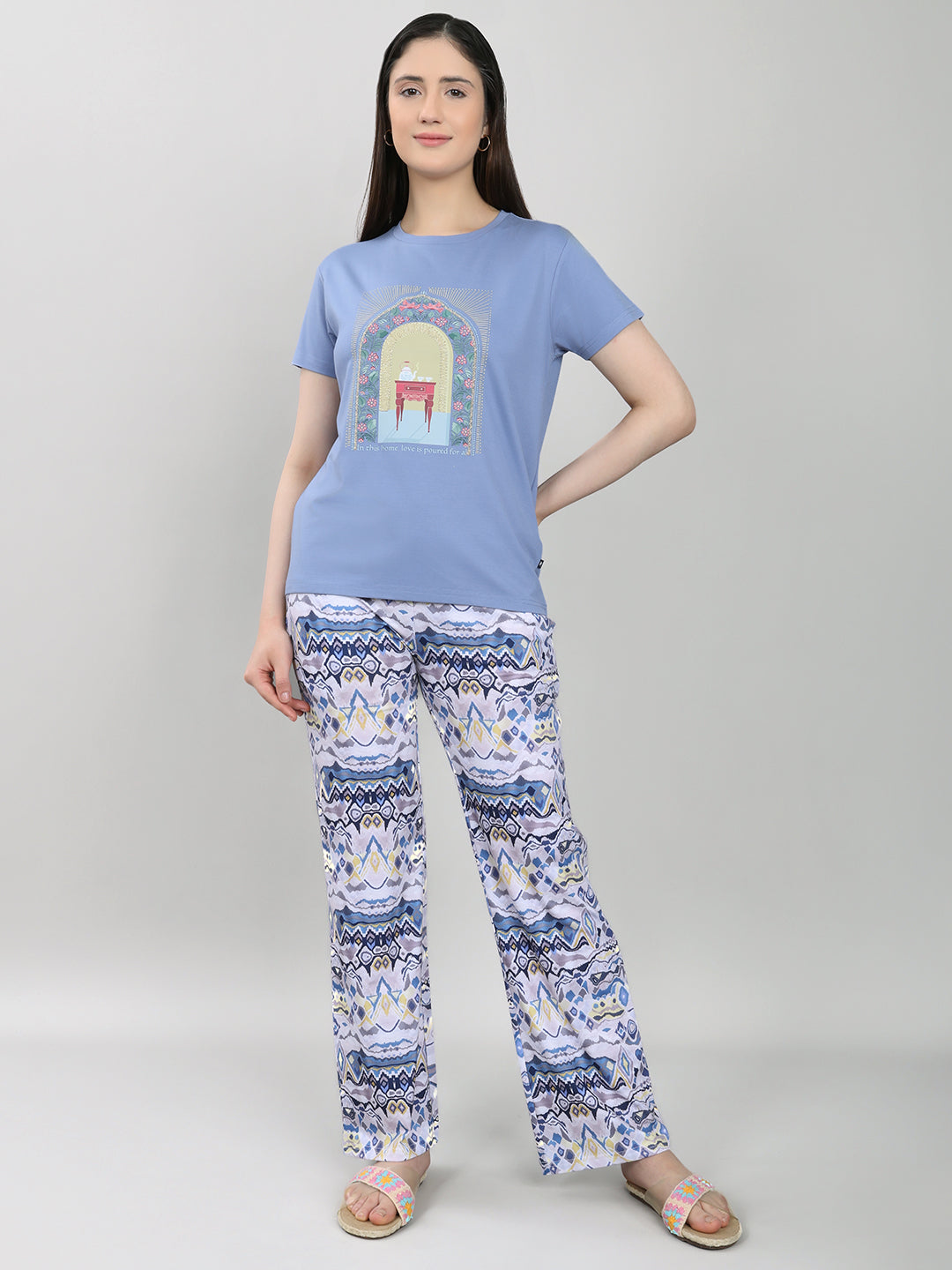 Women Blue Printed Round Neck Half Sleeve Lower Set