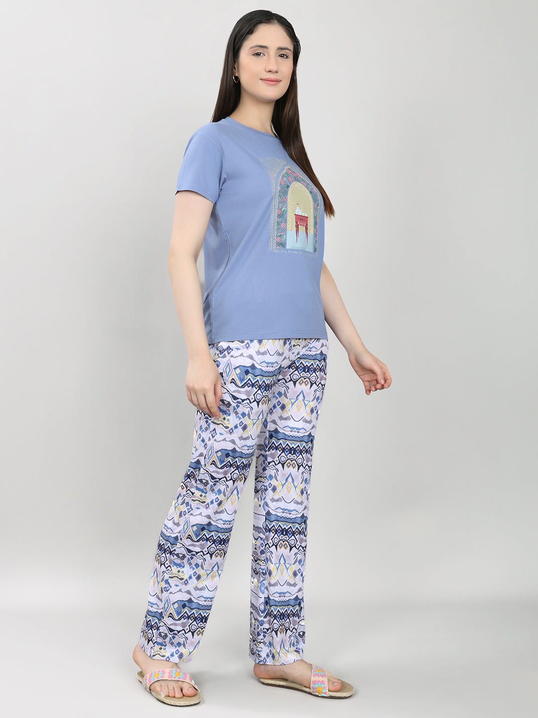 Women Blue Printed Round Neck Half Sleeve Lower Set
