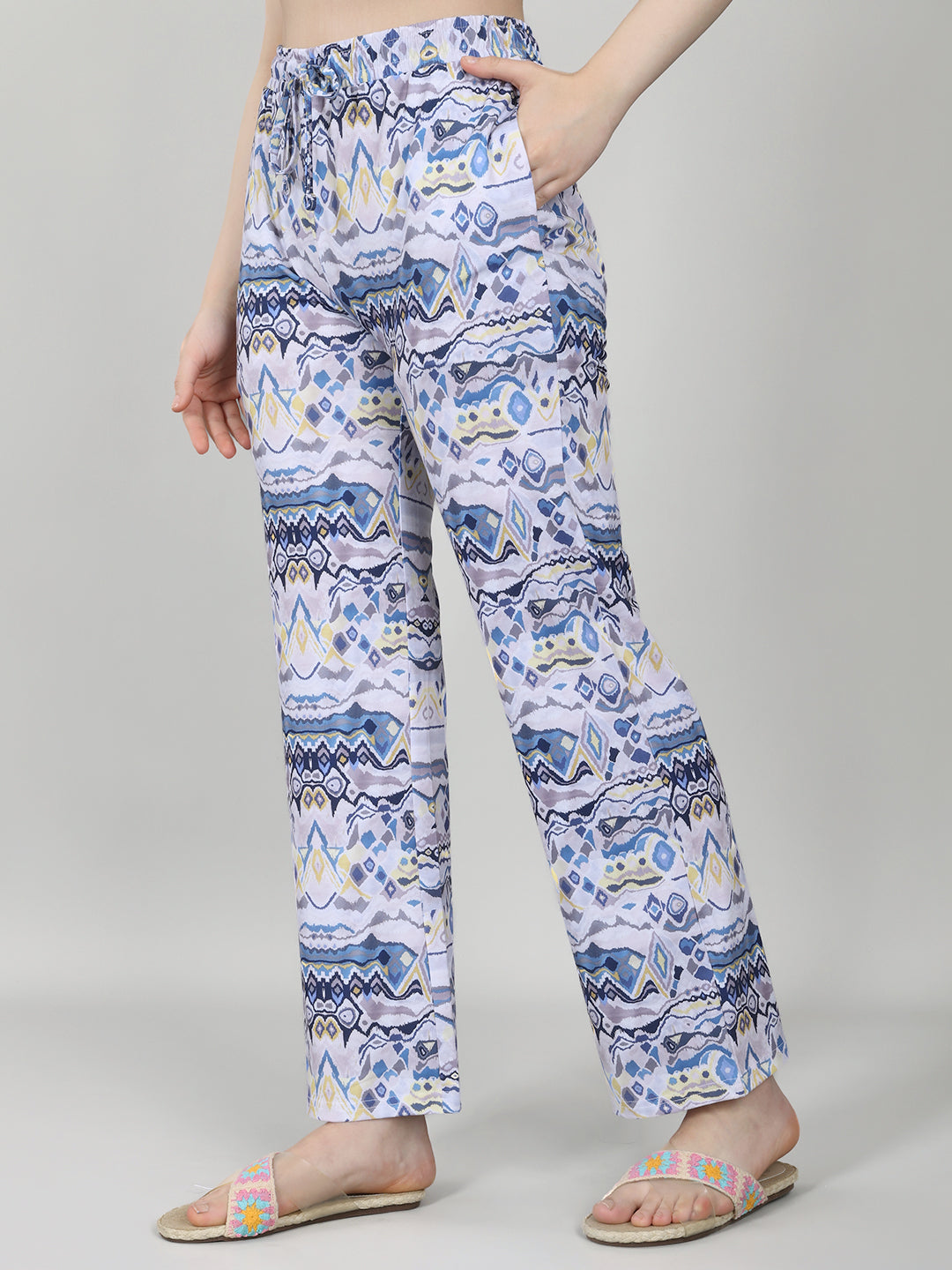 Women Blue Printed Round Neck Half Sleeve Lower Set