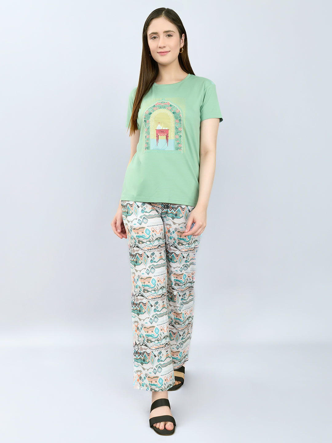 Women Green Printed Round Neck Half Sleeve Lower Set