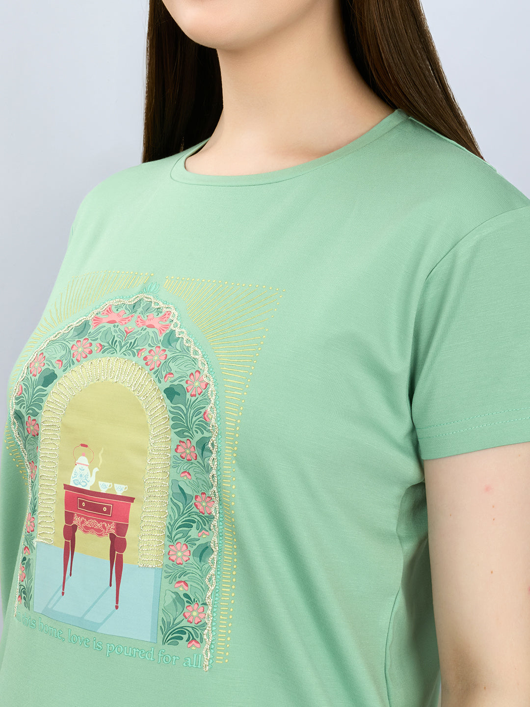 Women Green Printed Round Neck Half Sleeve Lower Set