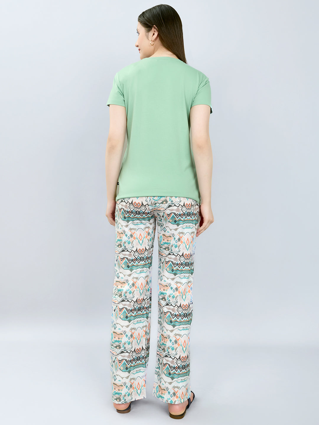 Women Green Printed Round Neck Half Sleeve Lower Set
