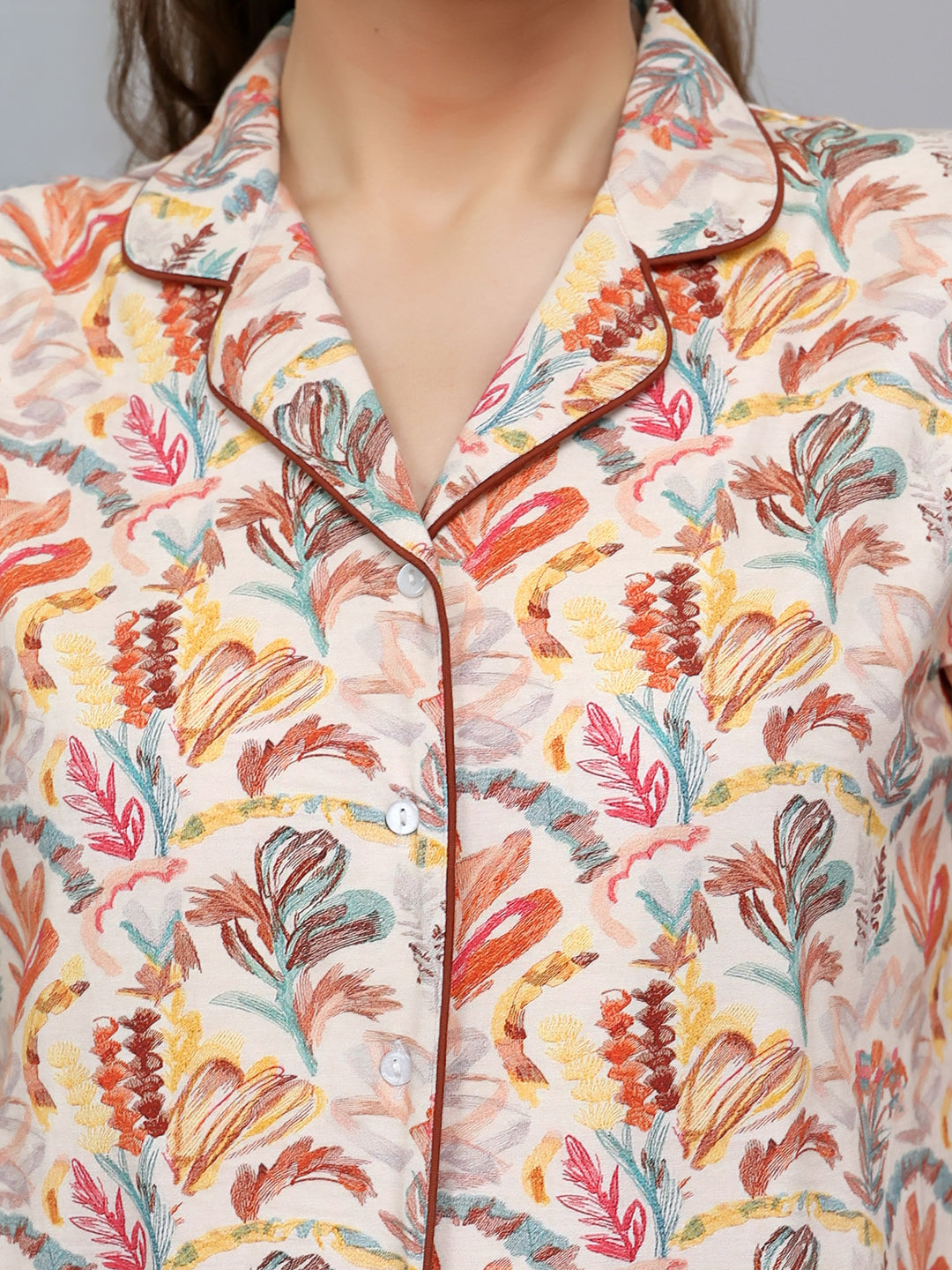 Women Beige Printed Collar Half Sleeve Lower Set
