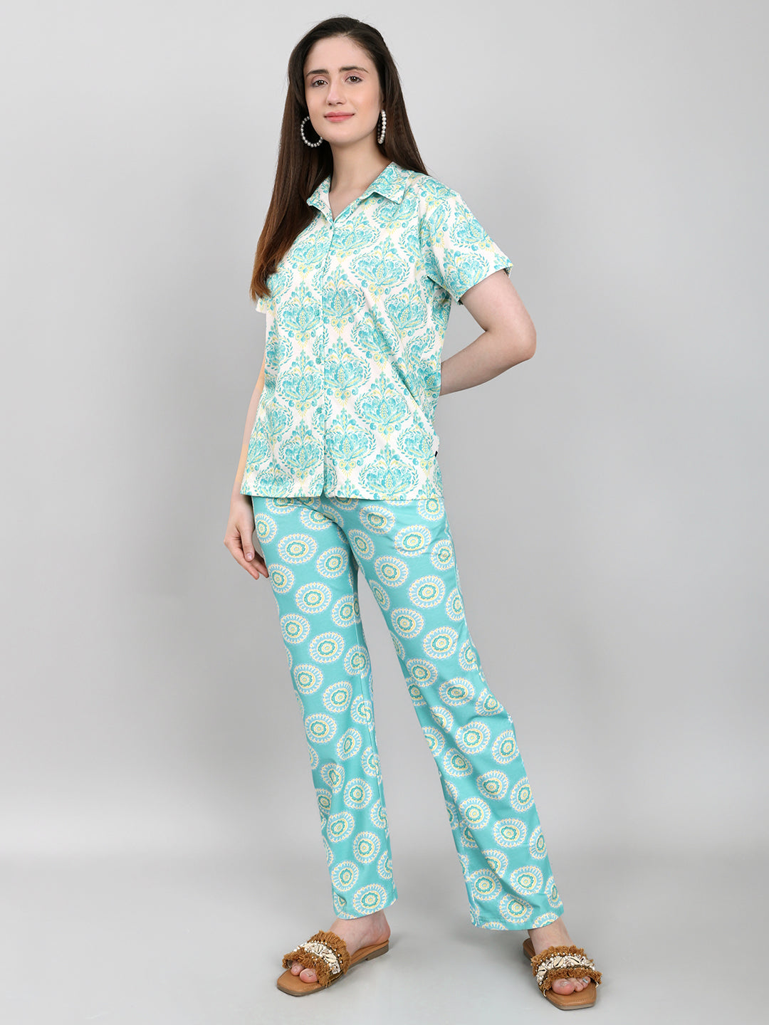 Women Sea Green Printed Collar Half Sleeve Lower Set