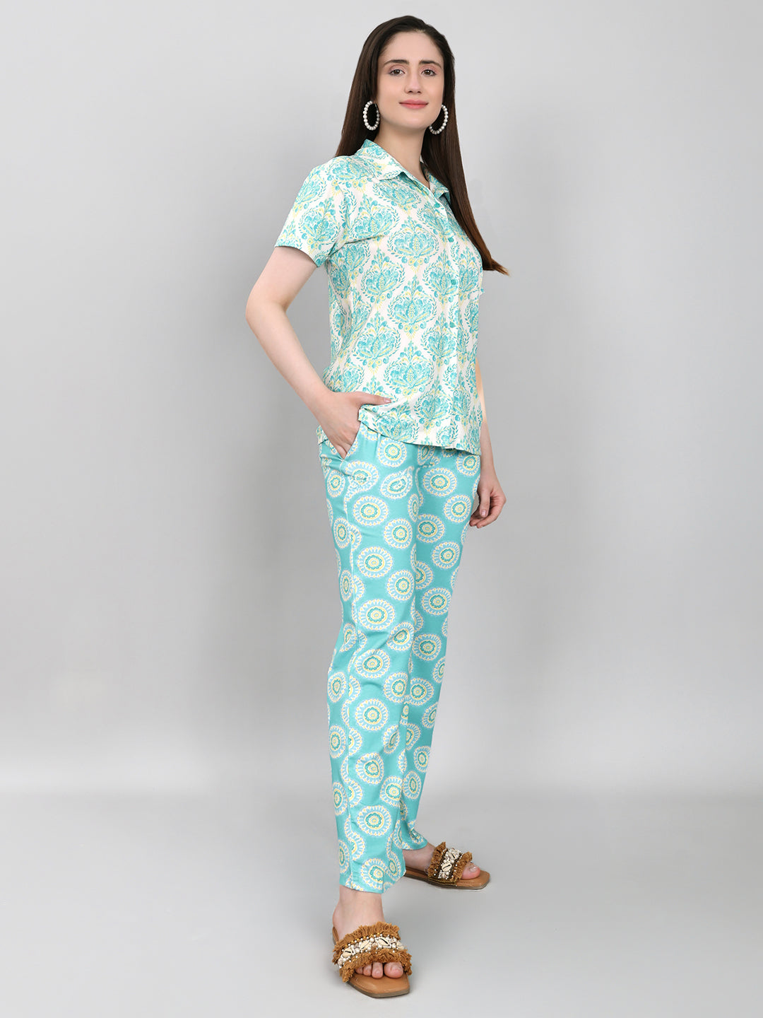 Women Sea Green Printed Collar Half Sleeve Lower Set