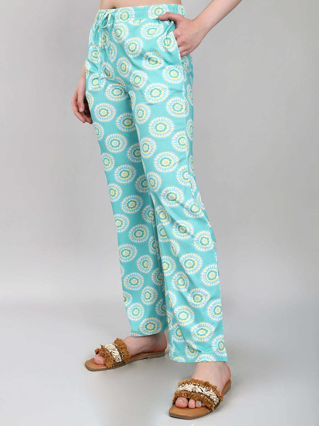 Women Sea Green Printed Collar Half Sleeve Lower Set