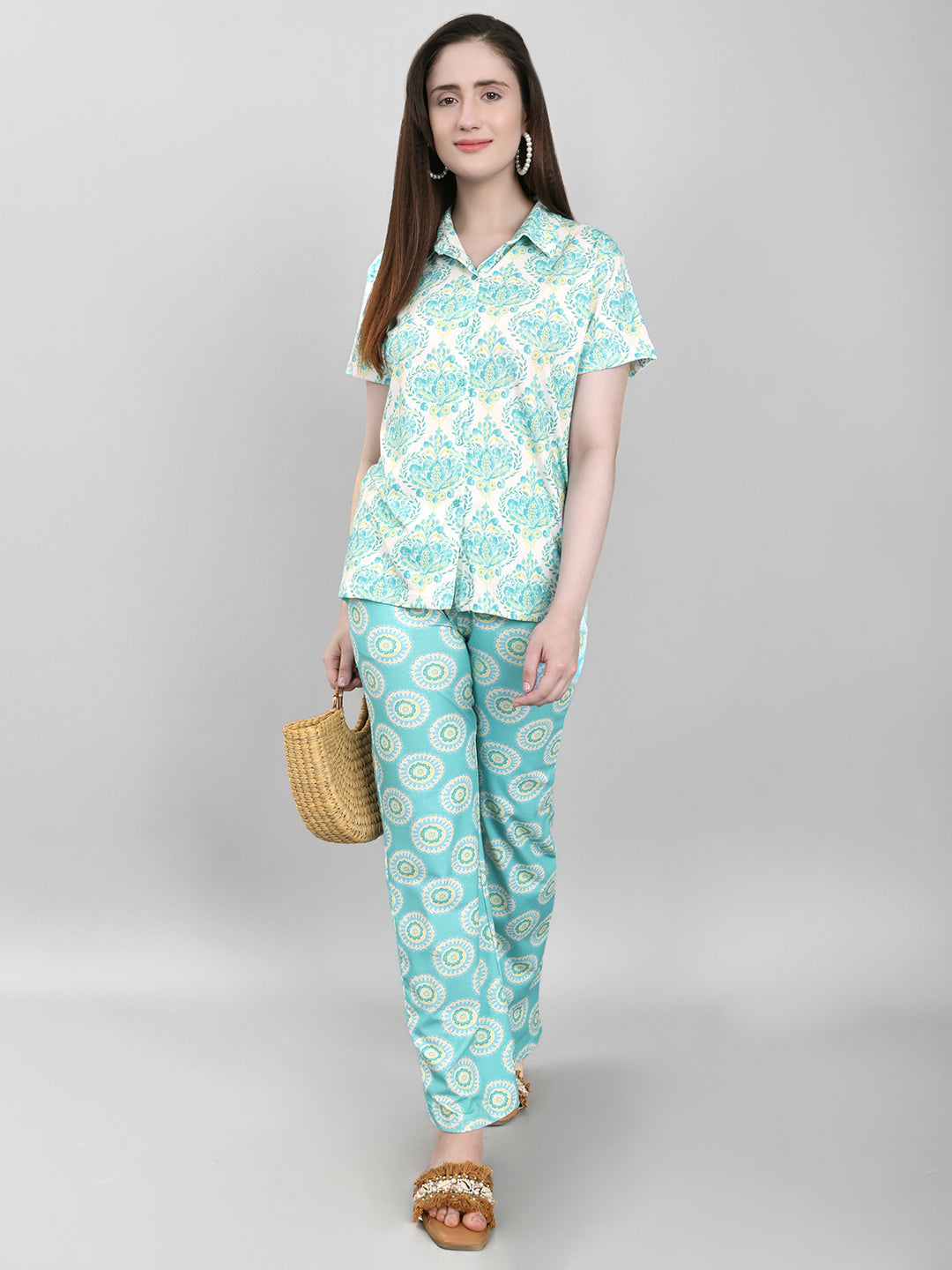 Women Sea Green Printed Collar Half Sleeve Lower Set