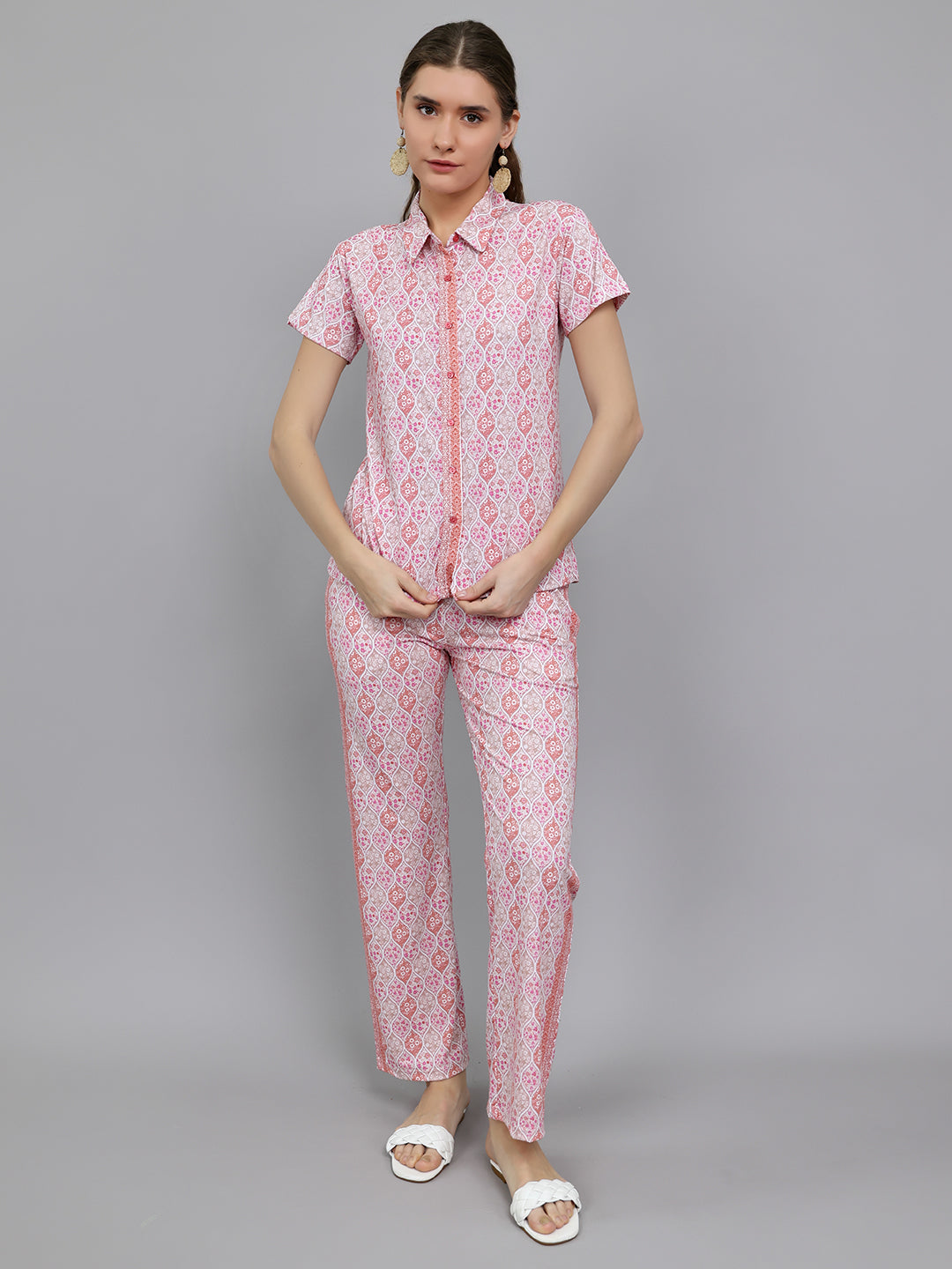 Women Pink Printed Collar Half Sleeve Lower Set