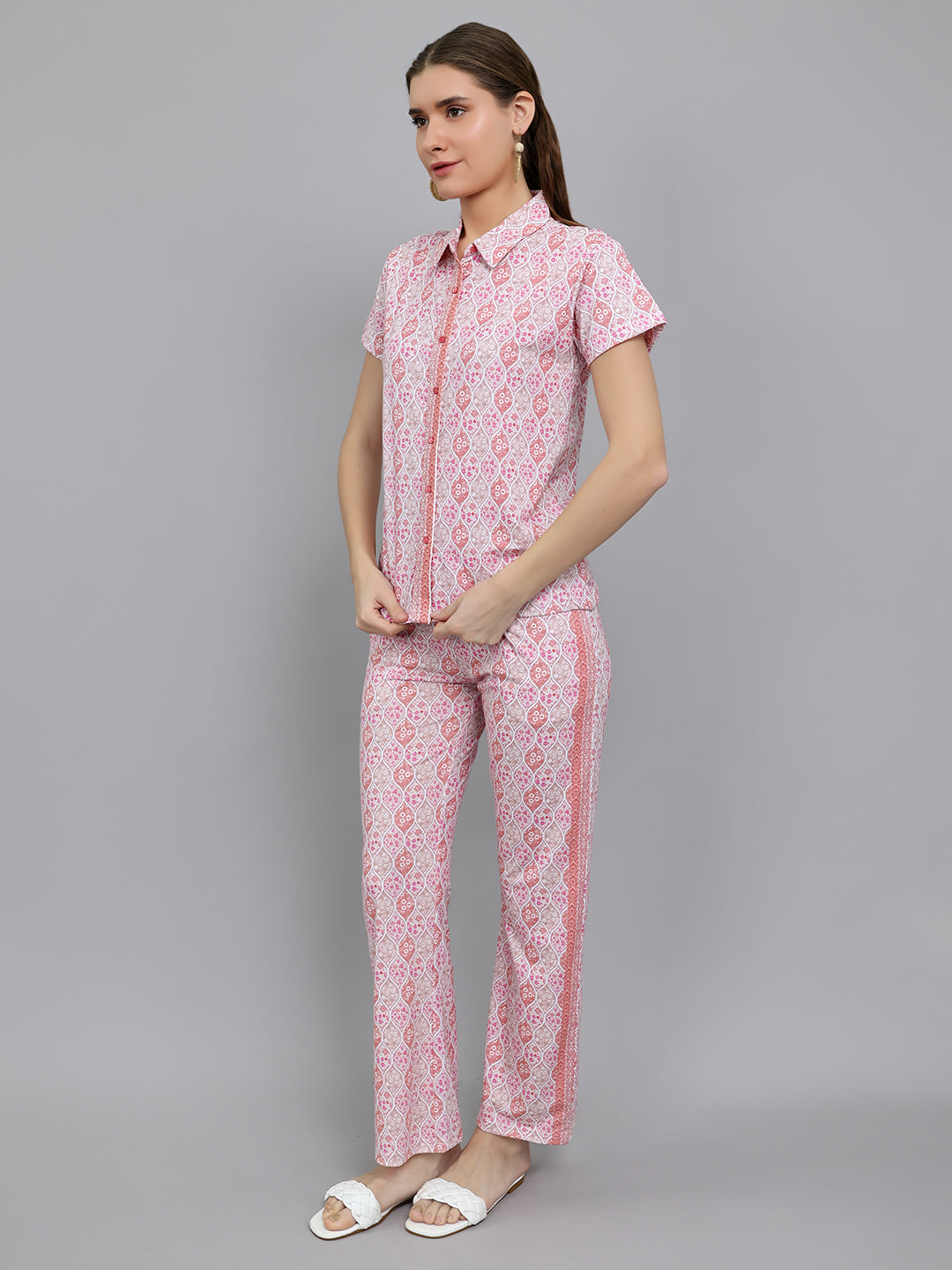 Women Pink Printed Collar Half Sleeve Lower Set
