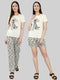 Women Off White Printed Round Neck Half Sleeve Combo 3 Pc Set (Top, Shorts & Lower)